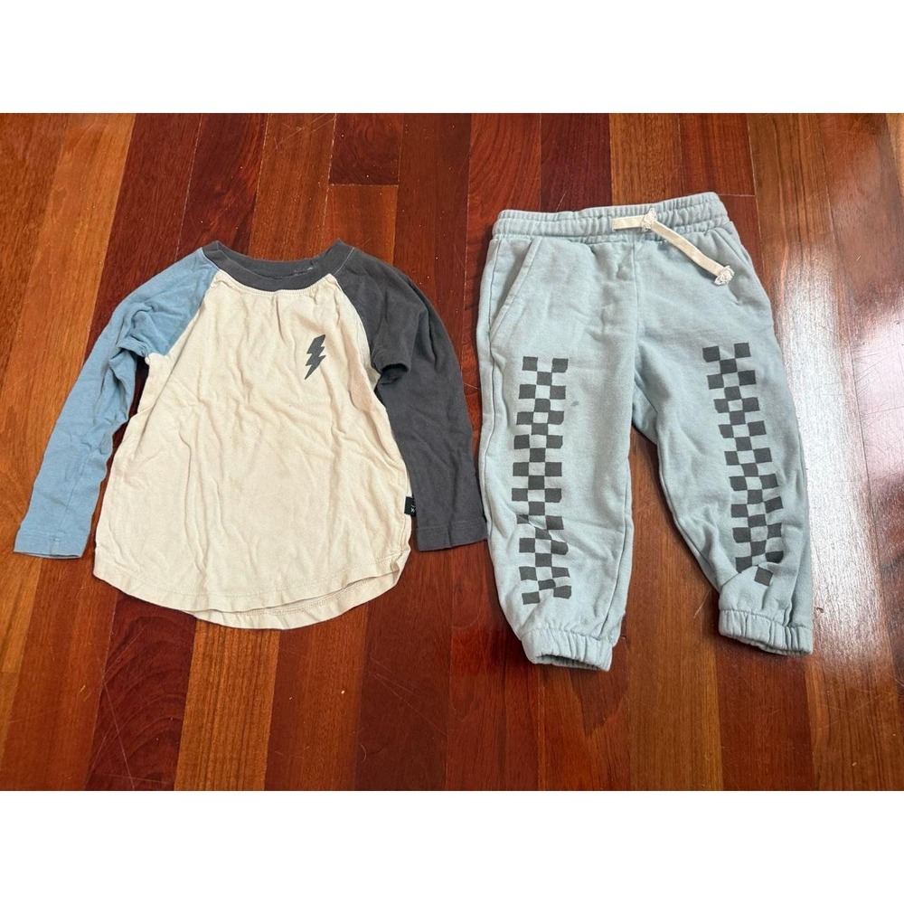 Tiny Whales Boys 2T Raglan Lightning Bolt Shirt Checkered Jogger Pants Set Blue